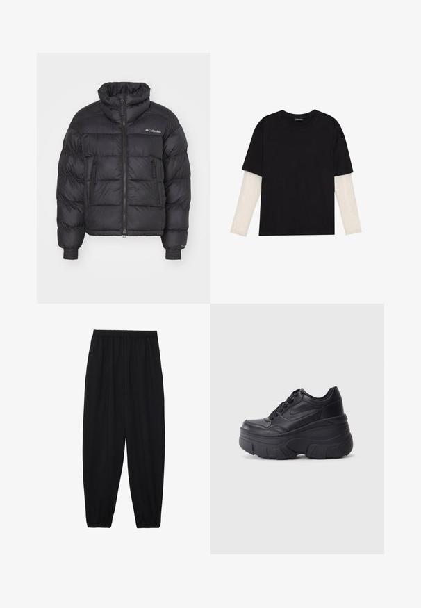 Sort pufferjakke med høj krave, quiltet design, lynlås foran og sidelommer; har elastiske manchetter og brandlogo på brystet.; Sort T-shirt lavet af bomuld, med korte ærmer over et hvidt langærmet lag med et subtilt tekstureret mønster. Design med rund hals.; Sort, lette bukser med elastisk talje og sammenfoldede ankler. Stoffet er glat og har et afslappet, indsnævret design.; Sorte snørebåndssneakers med en kraftig sål, der har en glat læderoverdel, rund tå og et markant lagdelt plade-design.
