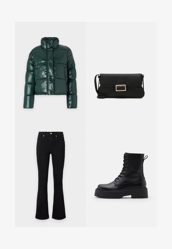 ONLY ONLSKY SHORT PUFFER - Zimska jakna - scarab; Črno-bela skrčena jopica z cvetličnimi in živalskimi vzorci, z rebrastimi manšetami in ovratnikom, izdelana iz mehke pletene tkanine.; Črne široke kavbojke iz denima, z višjim pasom, sprednjimi žepi in gumbom za zapiranje. Gladka tekstura z minimalnimi šivi.; Črne usnjene gležnjarje z okroglo konico, vezalnim sprednjim delom in debelim gumijastim podplatom z teksturiranim profilom. Zanka na hrbtni strani.; Črna usnjena torbica na preklop z zlato kovinsko zaponko. Vključuje črn trak in eleganten, minimalističen dizajn.