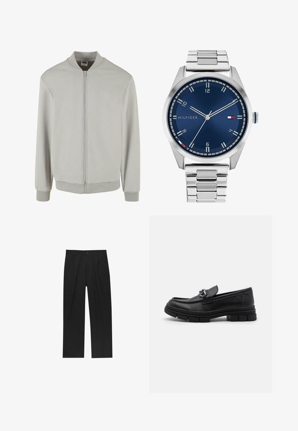 Hellgrau Bomberjacke aus weichem Baumwollmix, mit Reißverschluss, geripptem Kragen, Bündchen und Saum. Einfaches Design und reguläre Passform.; Set aus acht schwarzen Baumwoll-T-Shirts mit kurzen Ärmeln und Rundhalsausschnitten, die ein schlichtes Design und eine weiche Textur aufweisen.; Schwarze Hose mit geradem Schnitt, aus einem glatten Stoff gefertigt. Verfügt über Vorderfalten und einen einzelnen Knopfverschluss an der Taille.; Schwarzer Lederloafer mit runder Zehenform, einem dekorativen Riemen und Hardware sowie einer robusten, strukturierten Sohle. Glatte Oberfläche mit dezenten Details.; Silberne Metall-Uhr mit einem gebürsteten blauen Zifferblatt, weißen Stundenmarkierungen und einem Datumsanzeiger. Verfügt über ein verlinktes Metallarmband und ein Markenlogo.