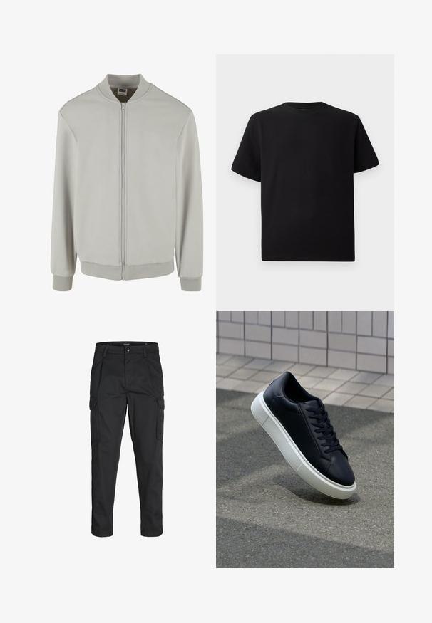 Svetlo siva bomber jakna, izdelana iz mešanice mehkega bombaža, z zadrgo, rebrastim ovratnikom, manšetami in robom. Preprost dizajn in običajen kroj.; Črna kratka majica s kratkimi rokavi, izdelana iz teksturirane tkanine, z okroglim izrezom in sproščenim krojem. Preprosta, brez vzorcev ali dodatkov.; Črne cargo hlače iz trdnega blaga, ki imajo več žepov, gumbasto zapiranje in ozek kroj z zožanimi nogami.; Črne usnjene superge z zaobljenim prstom in belim gumijastim podplat. Imajo ravne vezalke in minimalno šivanje na zgornjem delu. Teksturirani podplat za oprijem.