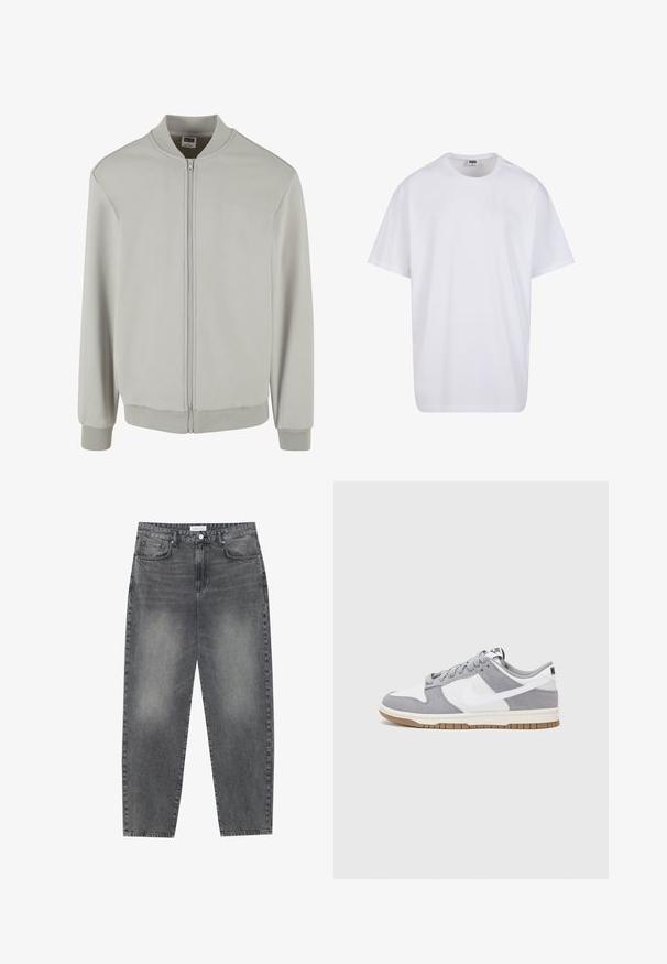 Ljusgrå bomberjacka i mjuk bomullsblandning, med dragkedjestängning, ribbat krage, manschetter och nederkant. Enkel design och normal passform.; Vit bomull t-shirt med korta ärmar, rundad halsringning, avslappnad passform och utan synliga logotyper eller mönster. Slät textur och minimal design.; Högmidjade, löst sittande jeans i blekt svart denim. Inkluderar fem fickor, bälteshällor och en ren, rak ben-design.; Grå och vit sneakers med överdel i mocka och läder, rund tå, platta snören och en gummisula med ett accent i gummi.