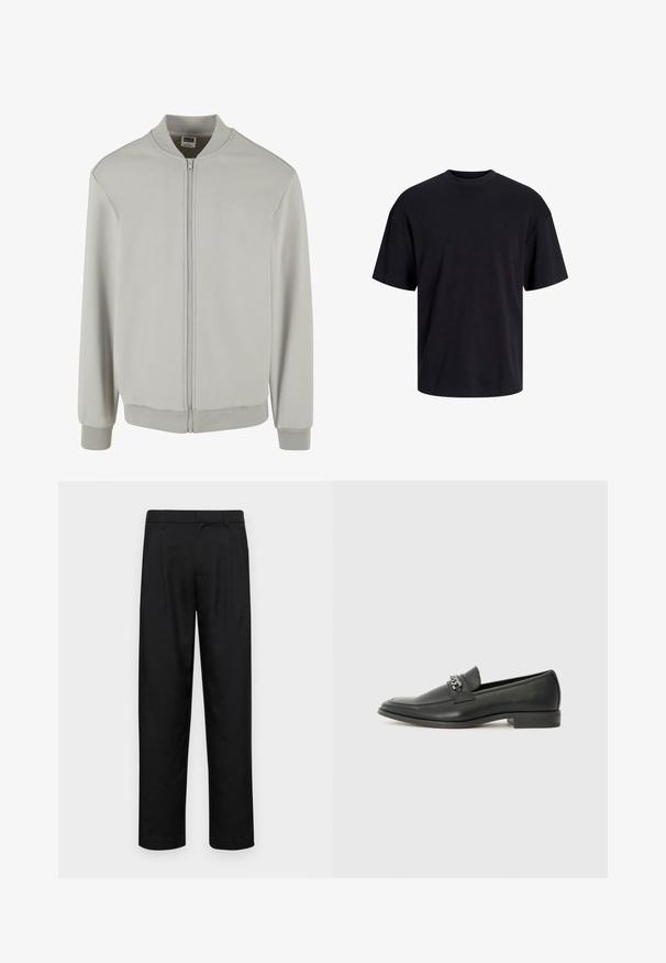 Jachetă bomber gri deschis, fabricată dintr-un amestec moale de bumbac, având închidere cu fermoar, guler, manșete și tiv din tricot. Design simplu și croială regulară.; Tricou din bumbac negru, cu guler rotund, mâneci scurte și o croială lejeră. Textură netedă și fără modele sau accente vizibile.; Pantaloni negri dintr-un material neted, cu un design drept, două pliuri frontale și un tiv standard cu bucle pentru curea.; Pantofii negri din piele cu un finisaj neted, având un design cusut și un accent decorativ de lanț metalic peste partea de sus. Toc plat.