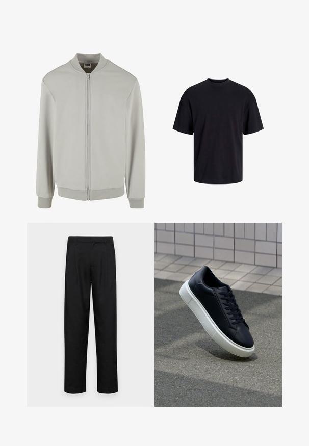 Gai pelēks bomber jakas izstrādājums no mīksta kokvilnas maisījuma, ar rāvējslēdzēja aizdari, ribinātu apkakli, piedurknēm un apakšmalu. Vienkāršs dizains un parasts piegriezums.; Melns kokvilnas T-krekls ar apaļu kakla izgriezumu, īsām piedurknēm un brīvu piegriezumu. Gluda tekstūra un nav redzamu rakstu vai akcentu.; Melnas bikses, izgatavotas no gludas auduma, ar taisnu kāju dizainu, divām priekšējām krokām un standarta jostu, kurai ir āķi.; Melnas ādas kedas ar noapaļotu pirkstu un baltu gumijas zoli. Iespējas - plakanas šņorītes un minimāla apdare augšdaļā. Struktūrēta zole, lai nodrošinātu saķeri.