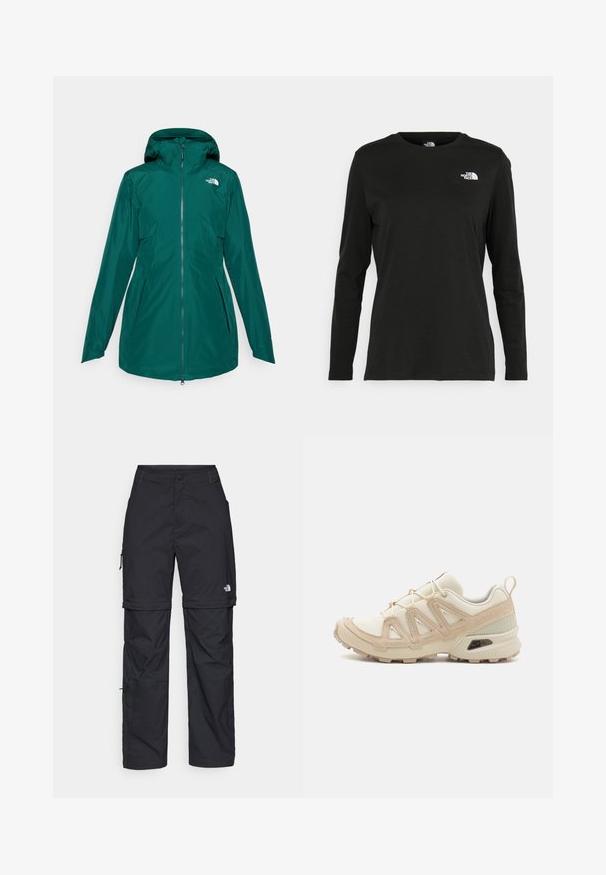 Teal waterproof jacket with a zip-front closure and adjustable hood. Features side pockets and a logo on the upper left chest.; Black long-sleeve t-shirt made of cotton with a round neck. Features a small white logo on the left chest area. Simple design and fit.; Black nylon zip-off cargo trousers with adjustable cuffs, multiple pockets, and a logo on the right leg. Smooth, lightweight texture.; Beige and cream athletic shoe with textured mesh upper, supportive overlays, and rubber outsole featuring a tread pattern for traction.