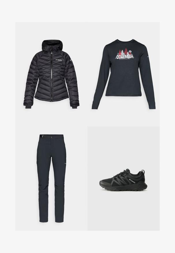 Veste rembourrée noire avec un design en matelassé, une fermeture éclair à l'avant et une capuche. Comprend le logo Columbia Titanium et des poignets élastiques.; Chemise à manches longues gris foncé avec un motif d'arbres rouges et de montagnes ; logo "COLUMBIA" en lettres blanches en gras. Tissu doux, col rond standard.; Pantalons de plein air pour hommes, gris foncé, fabriqués en matériau flexible, dotés d'une ceinture, de poches zippées et de coutures renforcées.; Columbia PEAKFREAK - Chaussures de marche - black