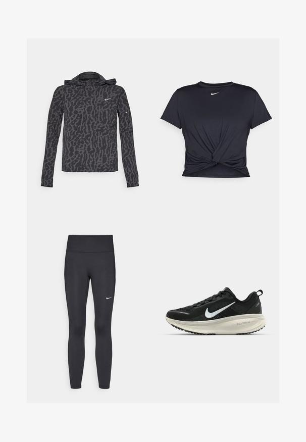 Giacca Nike con stampa leopardata nera e grigia, tessuto leggero, zip frontale, cappuccio e maniche lunghe con sottili accenti di branding.; Maglietta atletica nera realizzata in tessuto liscio, con un design anteriore annodato e un piccolo logo Nike bianco sul petto.; Leggings neri realizzati in tessuto elasticizzato, con una vita alta e un logo Nike bianco sulla coscia sinistra. Tessuto liscio, design aderente.; Scarpa da corsa nera Nike con tomaia in rete traspirante, logo Swoosh bianco, dettagli testurizzati e intersuola ZoomX di colore crema.