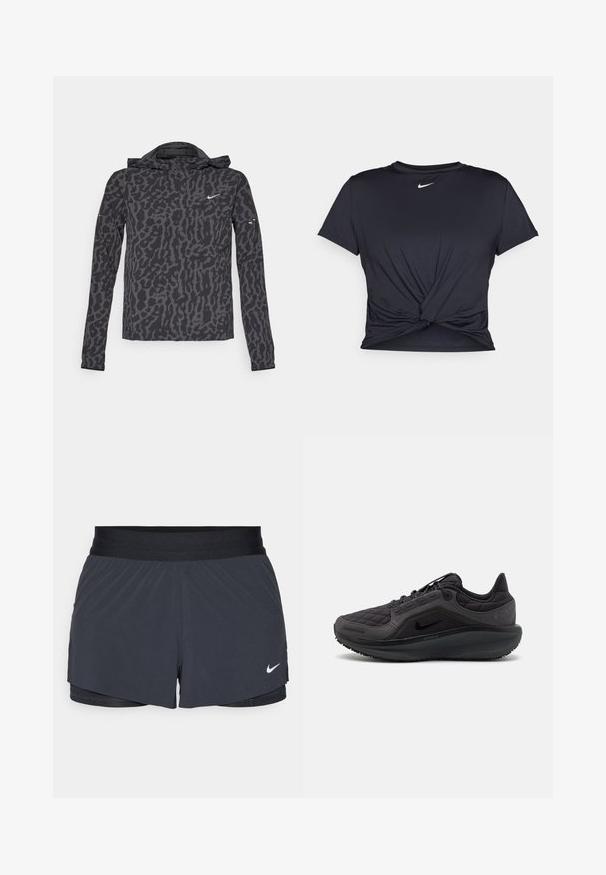 Nike jack met een zwart en grijs luipaardmotief, lichtgewicht stof, rits aan de voorkant, capuchon en lange mouwen met subtiele merkaccenten.; Zwarte sportieve T-shirt van gladde stof, met een geknoopt ontwerp aan de voorkant en een klein wit Nike-logo op de borst.; Zwarte sportshorts met een elastische tailleband, met een gelaagd ontwerp en een klein wit Nike-logo aan de onderkant links. Lichtgewicht materiaal.; Zwarte sportieve schoen met een gewatteerde bovenkant, textuuraccenten en een gevoerde zool. Heeft een opvallend Nike-logo en een duurzame buitenzool.