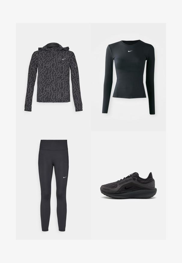 Nike jakke med et sort og grå leopardprint, letvægtsstof, lynlåslukning foran, hætte og lange ærmer med subtile brandingdetaljer.; Sort langærmet tætsiddende top lavet af glat, strækbart materiale. Har en rund halsudskæring og et lille hvidt Nike-logo på brystet.; Sorte leggings lavet af strækbart stof, med en høj talje og et hvidt Nike-logo på venstre lår. Glat tekstur, tætsiddende design.; Sort sportssko med quiltet overdækning, teksturerede detaljer og en polstret sål. Har et fremtrædende Nike-logo og en holdbar ydersål.