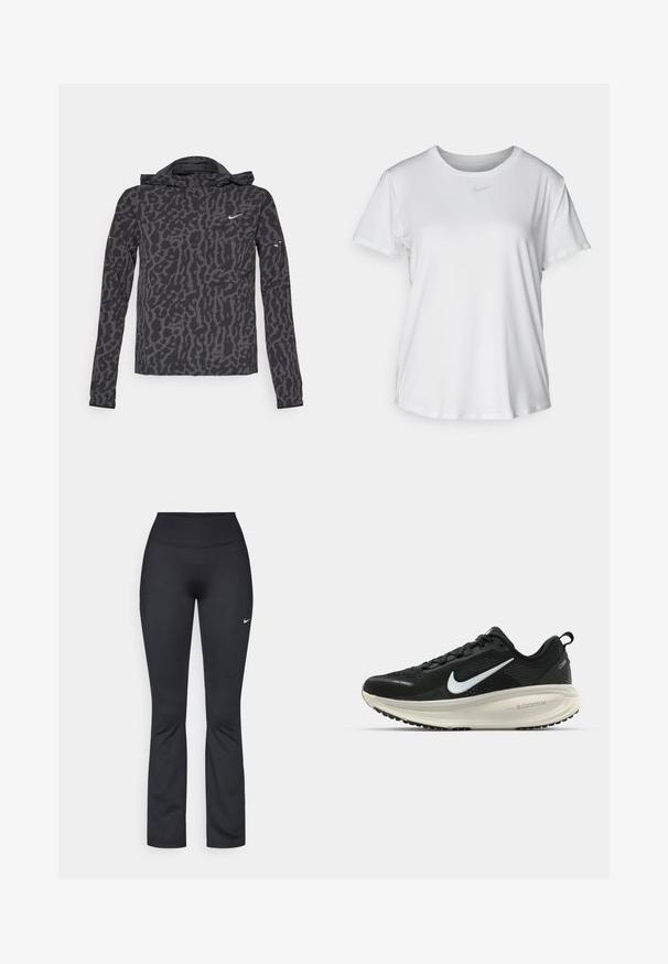 Nike jaka ar melnu un pelēku leoparda rakstu, viegla auduma, ar rāvējslēdzēju priekšpusē, kapuci un garām piedurknēm, ar smalkiem zīmola akcentiem.; Balta īsām piedurknēm T-kreklā, kas izgatavota no gludas auduma, ar apaļo kakla izgriezumu un mazu pelēku Nike logo uz krūšu.; Melnas sporta legingi ar augstu jostu, izgatavoti no gludas, elastīgas auduma. Kreisajā augšstilbā ir neliels balts Nike logotips.; Melnas Nike skriešanas kurpes ar elpojošu acs augšdaļu, baltu Swoosh logotipu, strukturētu apdari un krēmkrāsas ZoomX starpsole.