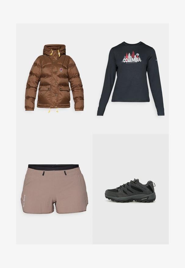 Fjällräven EXPEDITION DOWN LITE JACKET W - Untuvatakki - dark oak; Tummanharmaa pitkähihaisen paidan graafinen kuva punaisista puista ja vuorista; "COLUMBIA" -logo lihavoituna valkoisella tekstillä. Pehmeä kangas, normaali pyöreä kaula-aukko.; Vaaleat beiget shortsit, jotka on valmistettu kevyestä kankaasta. Niissä on tekstuuripintainen kuvio, joustava vyötärö mustilla yksityiskohdilla ja kaksi sivutaskua.; Columbia REDMOND - Vaelluskengät - black/citron haze