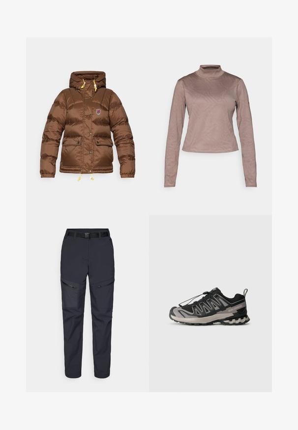 Fjällräven EXPEDITION DOWN LITE JACKET W - Dunjakker - dark oak; Columbia GRANITE POINT™ - Langærmet T-shirt - iron; Marine udendørsbukser lavet af syntetisk materiale, der har lynlåslommer, et bælte og en tætsiddende benudformning. Glat tekstur med minimale detaljer.; Sort og grå atletiksko med overdel i mesh, gummisål og elastisk snøresystem. Har forstærket tå og teksturerede detaljer.
