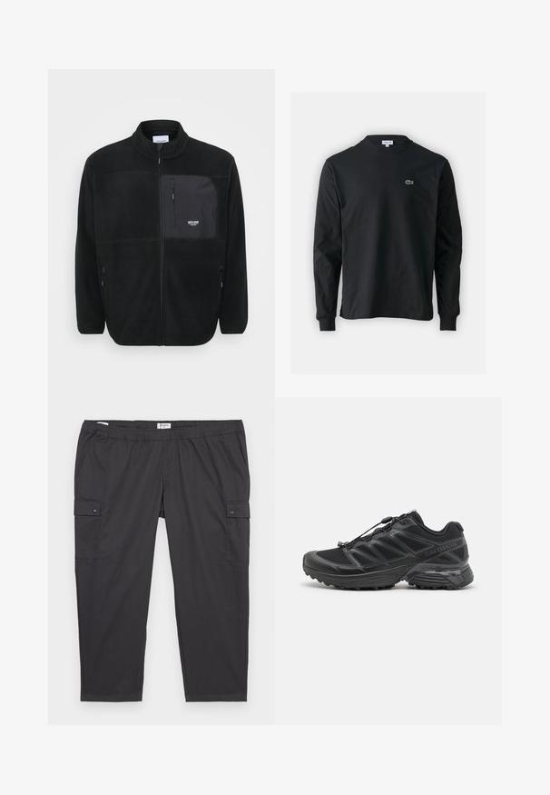 Fekete bolyhos dzseki magas gallérral, cipzáros mellzsebbel és két oldalzsebbel, sima textúrájú, elütő anyagpanellel.; Fekete hosszú ujjú pamut póló, kerek nyakkivágással, bal mellen egy kis zöld hímzett krokodil logóval.; Fekete munkásnadrág rugalmas derékkal, oldalsó zsebekkel és patentos részletekkel. Könnyű, sima anyagból készült.; Fekete futócipő hálós és szintetikus felsőrésszel, rugalmas talppal és elasztikus fűzőkkel. Párnázott középtalppal rendelkezik a kényelem érdekében.