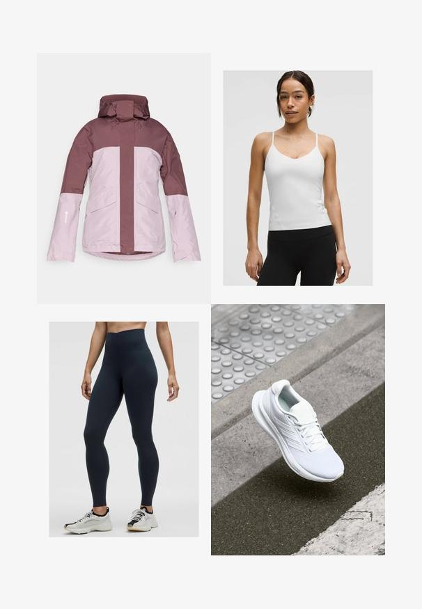 Waterproof jacket in dark and light pink, featuring a high collar, adjustable hood, two front pockets, and a smooth texture.; White camisole top with thin straps, v-neck design, and fitted silhouette. Smooth texture, minimal detailing, worn with black leggings.; High-waisted navy leggings made from stretchy fabric, featuring a smooth texture and a fitted design. Worn with white and black athletic shoes.; White athletic shoe featuring a mesh upper, lace-up design, and textured sole. Subtle branding and seamless construction details visible.