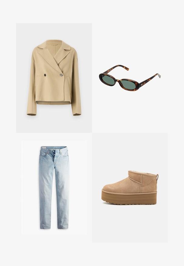 Beige, rövid fazonú dzseki puha anyagból, kiemelkedő gallérral, dupla gombos záródással és két elülső zsebbel.; Barna, bolyhos pulóver, puha anyagból készült, kerek nyakkivágással és hosszú ujjakkal. Egyszerű, rövidített fazon, látható minták vagy díszítések nélkül.; Világoskék farmernadrág, egyenes szárú fazonnal, két elülső és két hátsó zsebbel. Két gombos zipzárral és diszkrét varrással rendelkezik.; Beige velúr boka csizmák puha belsővel, platform talppal és hátul elhelyezett húzófüllel az egyszerű felhúzás érdekében. Texturált gumitalp.; Tortojásmintás napszemüveg ovális kerettel és zöld lencsékkel. Vékony szárakkal rendelkezik, fémes kiegészítővel a csuklók közelében.; Fekete steppelt kézitáska arany háromszög logóval, dupla láncos pánttal és sima bőrfelülettel. Téglalap alakú, fedeles zárással.