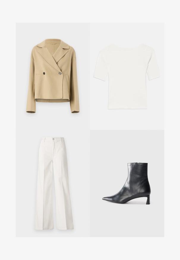 Beige cropped jacket made of soft fabric, featuring a notched collar, double-button closure, and two front pockets.; White ribbed short-sleeve top with a wide neckline. The texture features vertical stripes, emphasizing a snug fit and simple design.; White wide-leg trousers made from cotton with a smooth texture. Features a front button, zipper fly, and four-pocket design.; Black leather ankle boot with a pointed toe and a sleek design. Features a low heel and a zipper closure at the back. Smooth texture.