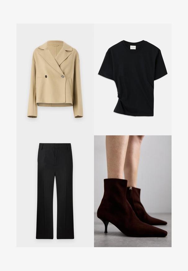 Beige cropped jacket made of soft fabric, featuring a notched collar, double-button closure, and two front pockets.; Black t-shirt made of soft cotton, featuring a crew neckline, short sleeves, and a slightly twisted design for a relaxed fit.; Black trousers, straight leg design, made of smooth fabric. Features subtle front creases and a flat waistband with belt loops.; Brown suede ankle boots with a pointed toe, sleek high heel, and zipper detail at the back, featuring a smooth texture and minimalistic design.