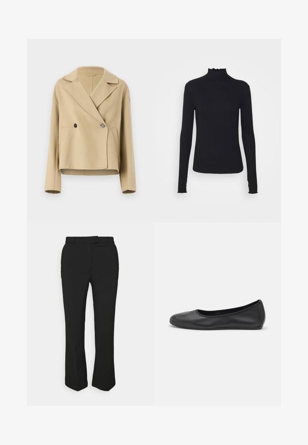 Beeži lühike jakk, mis on valmistatud pehmest kangast, varustatud uue kraega, topelt-nööbistumisega ja kahe esikotiga.; Must kannus varrukatega turtleneck, mis on valmistatud siledast kangast, koos rippuvate kraede ja liibuva siluetiga, millel on lihtsad servad.; Mustad mustad püksid sirge säärega, millel on vööloop ja küljetaskud. Valmistatud siledast kangast, millel on puhas viimistlus.; Musthave mustika tantsutossud mustast nahast, ümmarguse varbaga, siledast tekstuurist, minimaalse õmblusdetailiga ja paindliku tallakujundusega.