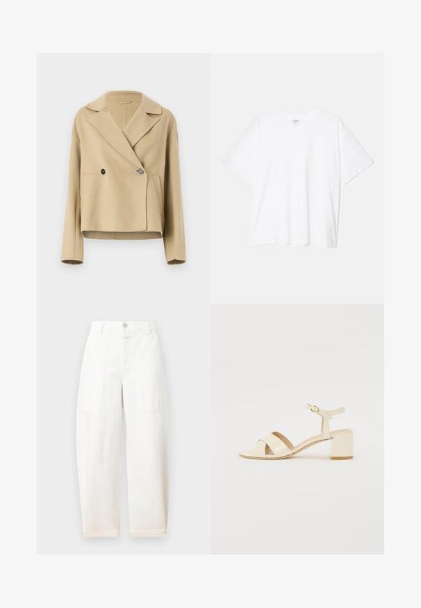Beige, rövid fazonú dzseki puha anyagból, kiemelkedő gallérral, dupla gombos záródással és két elülső zsebbel.; Fehér pamut póló rövid ujjal, kerek nyakkivágással, laza fazonnal és varrott szegéllyel. Címke látható a belső nyakrészén.; CLOSED RHANNON - Széles szárú - ivory; Beige lakkbőr magassarkú szandál, kereszttartós kialakítással, nyitott orral, állítható bokapánttal és tömbsarokkal. Sima textúrával.