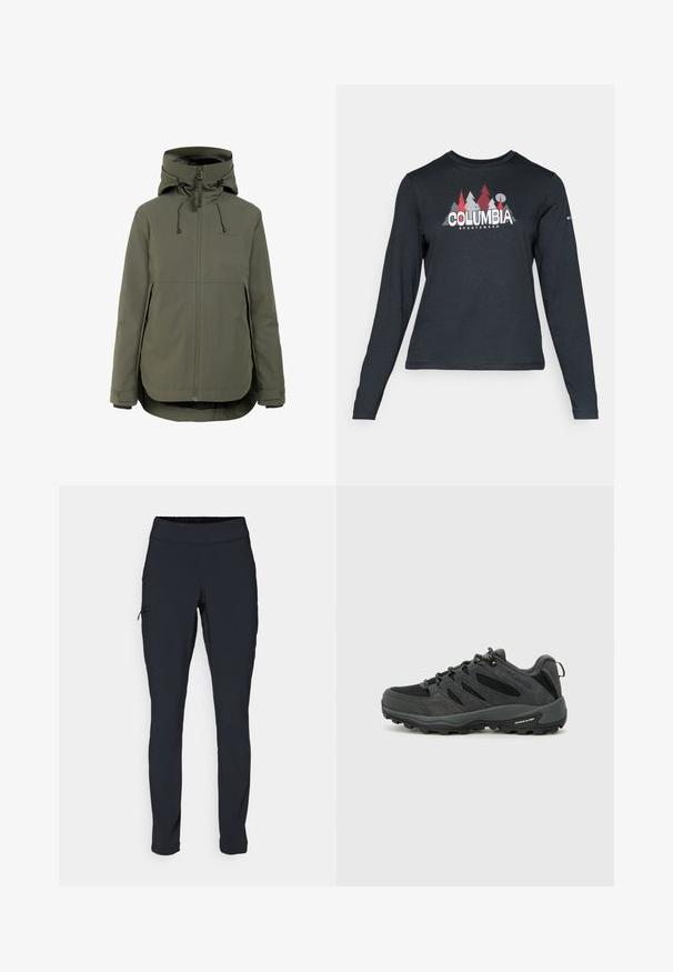 Giacca impermeabile verde oliva con collo alto, cappuccio regolabile, chiusura frontale con zip, due tasche laterali e polsini elastici.; Maglietta a maniche lunghe grigia scura con una grafica di alberi rossi e montagne; logo "COLUMBIA" in caratteri bianchi in grassetto. Tessuto morbido, scollatura a girocollo standard.; Pantaloni sportivi neri con vestibilità aderente, vita elastica e una tasca laterale con zip. Tessuto liscio e elasticizzato con cuciture minime.; Columbia REDMOND - Scarpa da hiking - black/citron haze