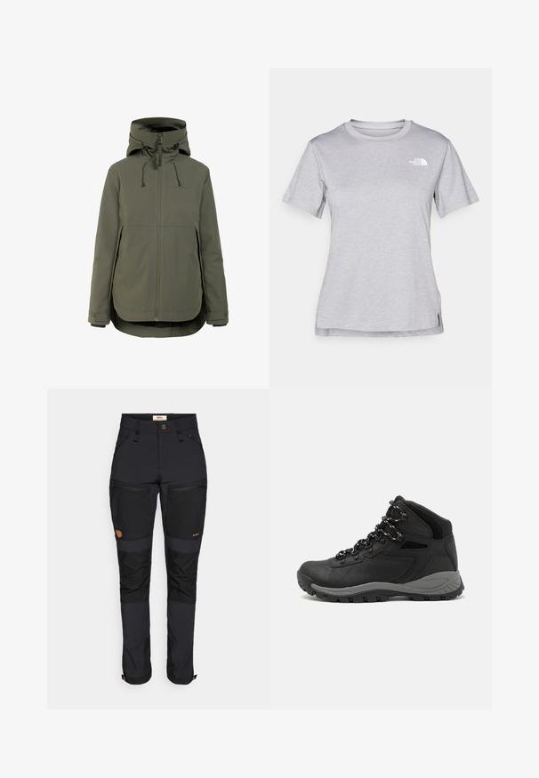 Olive green waterproof jacket featuring a high collar, adjustable hood, and front zip closure with two side pockets and elastic cuffs.; Grey short-sleeve t-shirt made of soft, moisture-wicking fabric. Features a crew neck and a small white logo on the upper left.; Fjällräven KEB AGILE TROUSERS - Outdoor trousers - black; Black hiking boot with a mid-top design, featuring a textured upper, gray accents, and durable rubber sole with traction lugs.