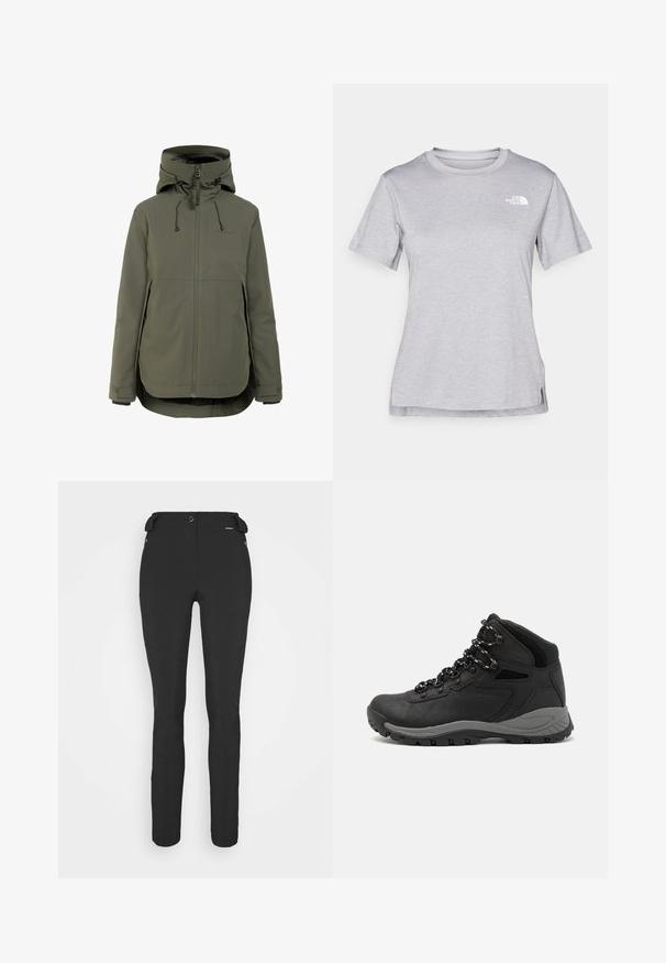Olivgrüne wasserdichte Jacke mit hohem Kragen, verstellbarer Kapuze, Reißverschluss vorne, zwei Seitentaschen und elastischen Bündchen.; Graues T-Shirt mit kurzen Ärmeln aus weichem, feuchtigkeitsableitendem Stoff. Hat einen Rundhalsausschnitt und ein kleines weißes Logo auf der oberen linken Seite.; Schwarze, enganliegende Hosen aus einem flexiblen Material. Zu den Merkmalen gehören eine seitliche Reißverschlusstasche, vorgeformte Knie und eine glatte Textur.; Schwarzer Wanderstiefel mit einem mittelhohen Design, ausgestattet mit einer strukturierten Oberfläche, grauen Akzenten und einer robusten Gummisohle mit Profilstollen.