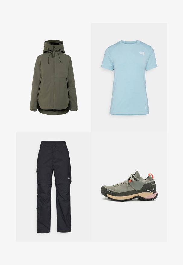 Olíva zöld vízálló dzseki magas gallérral, állítható kapucnival, elülső cipzáras záródással, két oldalzsebbel és elasztikus mandzsettákkal.; Világoskék, rövid ujjú póló kerek nyakkal. Puha anyagból készült, raglán ujjakkal rendelkezik, és egy fehér logó található a bal felső mellrészen.; Fekete nylon zipzáras cargo nadrág állítható mandzsettával, több zsebbel és logóval a jobb lábon. Simább, könnyű textúra.; Könnyű zöld túracipő hálós és gumiból készült anyagokkal, fekete tapadós talppal, rózsaszín és narancssárga részletekkel, és megerősített orrrész.