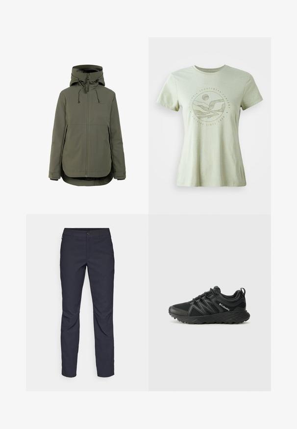 Olive green waterproof jacket featuring a high collar, adjustable hood, and front zip closure with two side pockets and elastic cuffs.; Light green short-sleeve t-shirt with a circular graphic in beige, depicting mountains, a river, and sun. Soft fabric with a crew neck.; Navy blue pants made of smooth fabric, featuring a front button closure, slim-fit design, and creased detailing at the knees.; Columbia PEAKFREAK - Hiking shoes - black