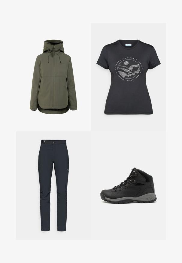 Olivinvihreä vedenpitävä takki, jossa on korkea kaulus, säädettävä huppu ja etuvetoketju, kaksi sivutaskua ja joustavat hihansuut.; Musta Columbia T-paita, jossa on valkoinen ympyrämuotoinen vuori- ja joki-viivataide sekä teksti "Columbia Sportswear Company Ulkona vuodesta 1938."; Miestne vonkajšie nohavice, tmavo šedé, vyrobené z flexibilného materiálu, s opaskom, zipsovými vreckami a zosilneným šitím.; Musta vaelluskenkä, jossa on puolivartinen muotoilu, jolle on ominaista teksturoitu päällinen, harmaat yksityiskohdat ja kestävä kumipohja, jossa on pitoita lisääviä lukuja.