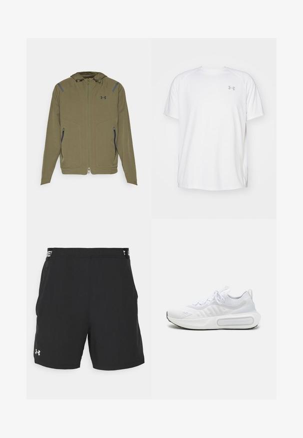 Under Armour UNSTOPPABLE JACKET - Lauko striukė - marine/green/black; Balta trumpa rankovėmis sportinė marškinėliai, pagaminti iš lygaus audinio. Yra apvalus kaklas ir pilkas logotipas kairėje krūtinės pusėje, o apatinėje dalyje yra šoninės plyšiai.; Juodos sportinės šortai su elastinga juostos dalimi, papuošti balta prekių ženklu. Pagaminti iš lengvo audinio, turinčio lygų paviršių ir be matomų raštų.; Baltas sportinis batelis su tekstūruota trikotažo viršutine dalimi, su raišteliais, paminkštintu padu ir išskirtiniu ženklas šone.