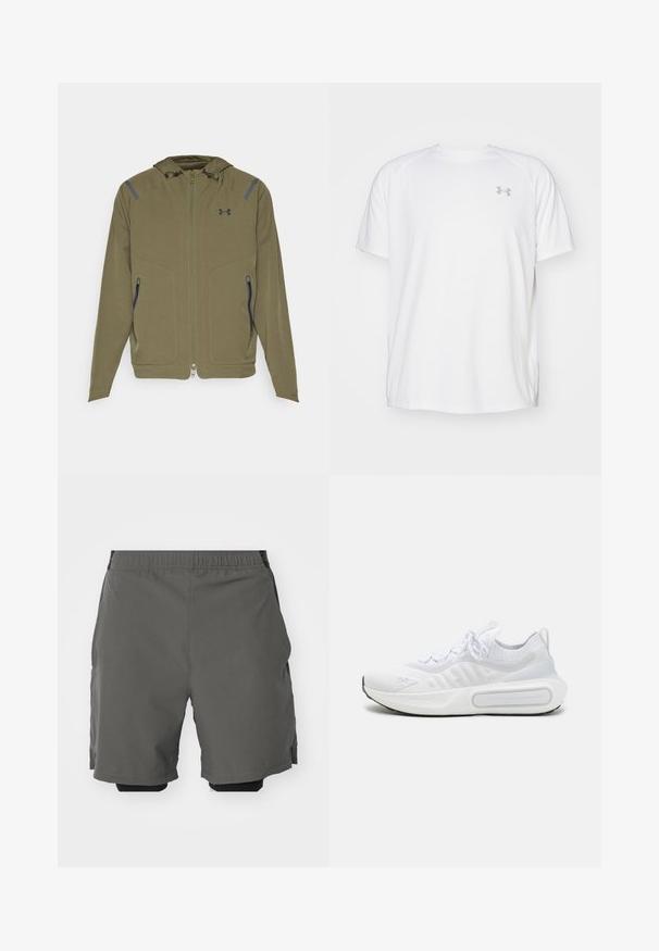 Under Armour UNSTOPPABLE JACKET - Āra jaka - marine/green/black; Baltas īsajiem piedurknēm sporta krekls, izgatavots no gludas auduma. Tam ir apaļa kakla izgriezums un pelēks logo uz kreisās krūtis, kā arī sānu šķēlumi apakšmalā.; Pelēki sporta šorti ar gludu, vieglu audumu un elastīgu jostasvietu, kurām ir iekšējas kompresijas šorti un sānu kabatas.; Balti sporta apavi ar teksturētu adītu augšdaļu, saites slēgšanu, mīkstu zoli un izteiksmīgu zīmola detaļu sānos.