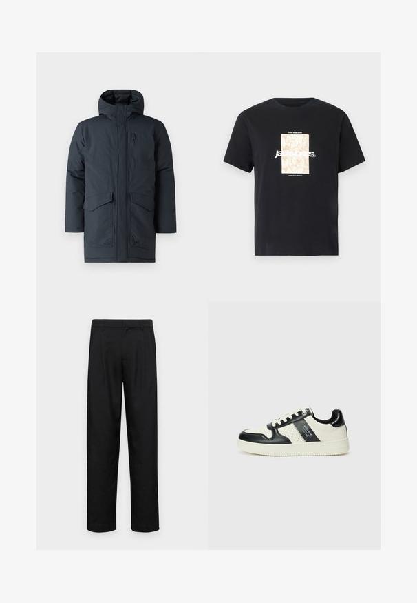 Sötétszürke kapucnis parka, elülső cipzárral, két nagy zsebbel és egy mellzsebbel. Texturált, időjárásálló anyagból készült.; Fekete pamut póló kerek nyakkal. Bézs téglalap alakú grafika és fehér szöveg található rajta, "JAWO," középen elhelyezve. Rövid ujjú.; Fekete nadrág sima anyagból, egyenes szárú fazonnal, két elülső redővel és közönséges derékkal, övhurkokkal.; Fekete és krém színű bőrsneaker, perforált díszítésekkel, párnázott bokapánttal és texturált talppal.