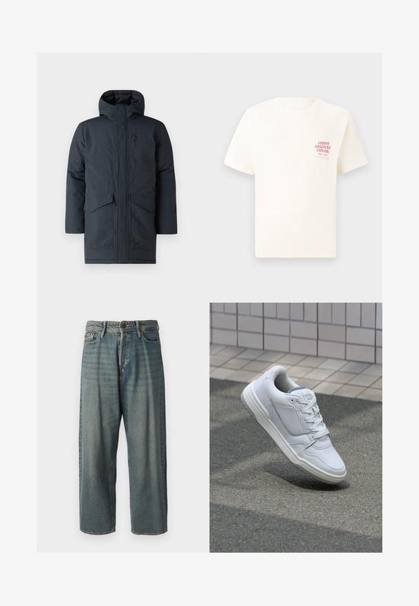 Dunkelgrauer Parka mit Kapuze, ausgestattet mit einem Reißverschluss vorne, zwei großen Taschen und einer Brusttasche. Hergestellt aus einem strukturierten, wetterbeständigen Material.; Weißes T-Shirt mit kurzen Ärmeln und rotem Text "Studio Originals Edition" auf der linken Brust, präsentiert vor einem neutralen grauen Hintergrund.; Helle blaue Denim-Jeans mit lockerer Passform, mittelhoher Taille und geraden Beinen. Hat fünf Taschen, Gürtelschlaufen und einen Knopfverschluss.; Weiße Ledersneaker mit perforierten Seiten, strukturierten Akzenten, flachen Schnürsenkeln und einer kontrastierenden grauen Ferse. Verfügt über eine leicht erhöhte Sohle.