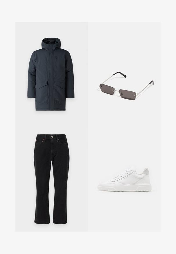 Dark gray parka with a hood, featuring a front zipper, two large pockets, and a chest pocket. Made from a textured, weather-resistant material.; White cotton t-shirt featuring short sleeves, crew neck, and a red graphic text "DELICIOUS REFRESHING FRUIT" on the front.; Black denim jeans featuring a straight leg design, five-pocket style, and metal hardware with copper accents. Smooth texture and medium rise.; White leather sneakers with a smooth finish, rounded toe, flat laces, and a textured sole. Grey suede accent at the heel.; Sunglasses with rectangular, dark grey lenses, silver metal frames, and black plastic tips on the arms. Lightweight design with nose pads.