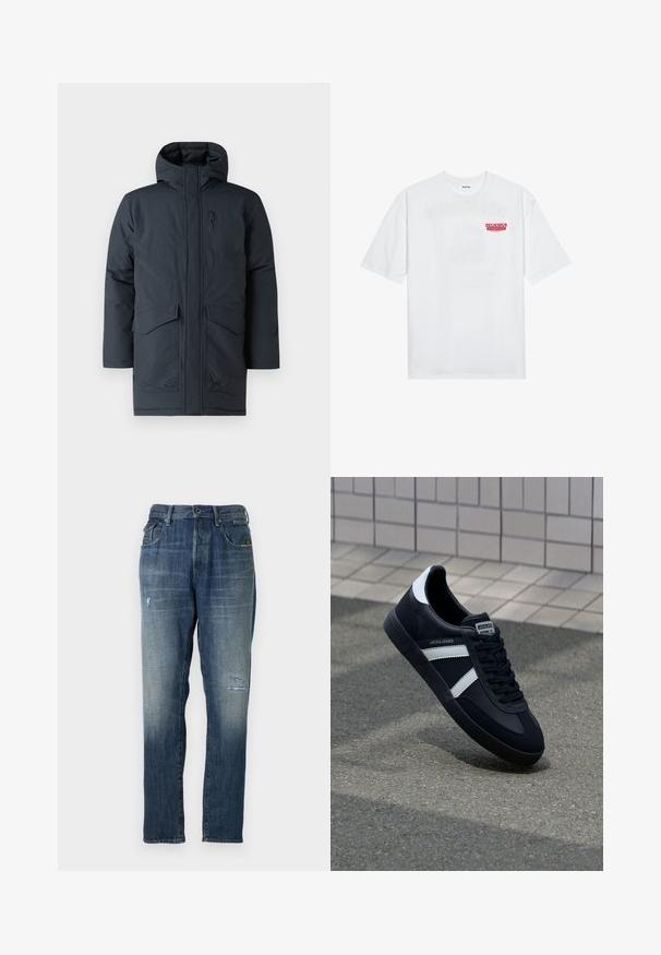 Temno siva parka z kapuco, z sprednjim zadrgo, dvema velikima žepoma in žepom na prsih. Narejena iz teksturiranega, vremensko odporninega materiala.; Bela bomba majica iz bombaža z kratkimi rokavi, krožno ovratnikom in rdečim grafičnim besedilom "OKUSNO OSVEŽILNO SADJE" na sprednji strani.; Denimske hlače v zbledeli modri barvi, s straight leg obliko, z zmernim obrabljenjem spredaj in klasičnim pet-pocket stilom.; Črne usnjene superge z belimi črtami, teksturiran gumijast podplat in zavezovanje spredaj. Imajo označeno oznako na ježku.