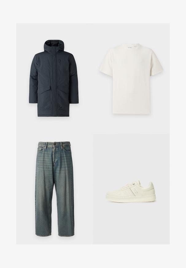 Parka gris foncé avec capuche, dotée d'une fermeture éclair à l'avant, de deux grandes poches et d'une poche sur la poitrine. Fabriquée dans un matériau texturé, résistant aux intempéries.; T-shirt blanc à manches courtes en texture côtelée. Encolure ronde, coupe décontractée, sans motifs ni accents visibles. Design simple et polyvalent.; Jeans en denim bleu clair avec une coupe ample, taille mi-haute et jambes droites. Comprend cinq poches, des passants de ceinture et une fermeture à bouton.; Sneaker couleur crème avec des détails perforés, des lacets et un logo sur le côté, présenté sur un fond blanc uni.