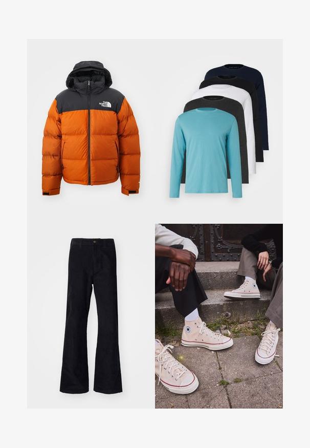 The North Face RETRO NUPTSE JACKET - Down jacket - earthen copper/black; Five long-sleeve T-shirts in a row: turquoise, black, white, dark gray, and navy blue. Soft fabric with crew neck design and standard fit.; Black, cotton flared pants with a traditional waistband, single front button, and pockets at the sides and back. Smooth texture.; High-top beige canvas sneakers with red stripe, white rubber sole, and metal eyelets, featuring iconic star logo on the side.