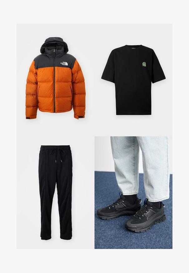The North Face RETRO NUPTSE JACKET - Casaco de penas - earthen copper/black; T-shirt preta de mangas curtas feita de algodão, com um logo verde no lado esquerdo do peito. Gola redonda, corte descontraído e textura suave.; Calças casuais pretas com cordão na cintura, com bolsos laterais e corte reto, sobre um fundo simples.; Sapatilhas desportivas pretas com tecido texturizado e solas em borracha, apresentando atacadores elásticos e um detalhe azul no calcanhar. Usadas com calças de ganga claras.