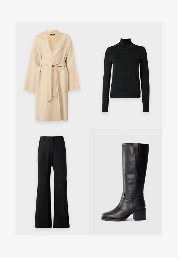 WEEKEND MaxMara ERIS - Klasszikus kabát - sabbia; Fekete, hosszú ujjú garbós pulóver bordás mandzsettákkal és aljjal, sima fehér háttér előtt bemutatva.; Fekete, bő szabású nadrág könnyű anyagból, amelynek oldalán csipkés díszítés található. Strapabíró derékpánt és sima, elegáns textúra.; Fekete bőr, térd fölé érő csizmák sima textúrával, négyzetes orral, tömbsarkúval és oldalsó húzófüllel, minimális varrási részletekkel.