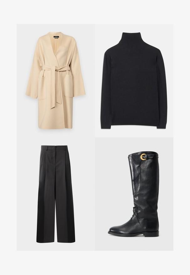 WEEKEND MaxMara ERIS - Manteau classique - sabbia; Pull à col roulé noir en tissu doux. Il dispose de manches longues, d'un col montant et de bords côtelés pour un look cintré.; Pantalon large noir avec une taille haute, doté de plis avant, d'une texture lisse et d'une finition ajustée. Conçu pour un ajustement décontracté.; Botte noire en cuir montante avec un bout rond, empiècement à lacets à l'avant, détail sur le côté et une boucle dorée en accent en haut. Texture lisse.