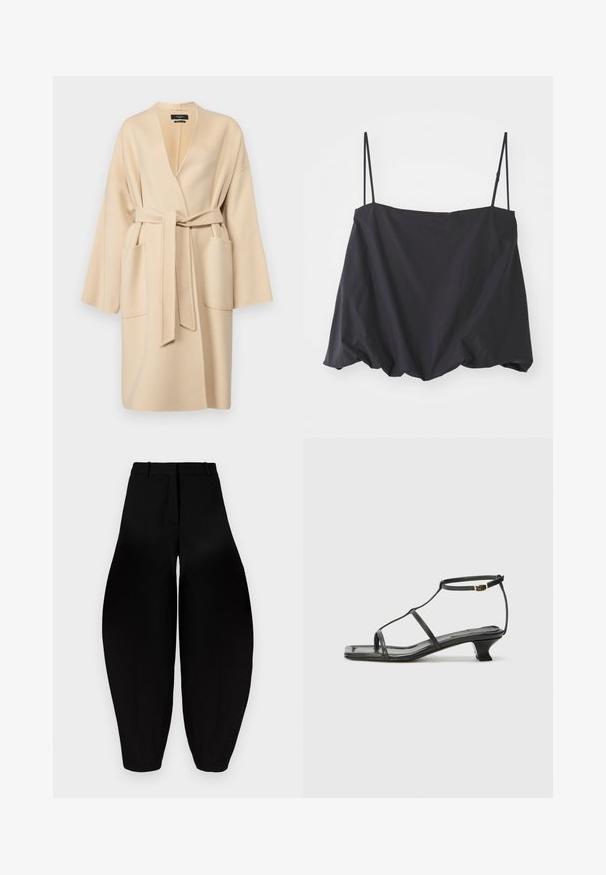 WEEKEND MaxMara ERIS - Klassisk kappa / rock - sabbia; Svart ärmlös topp med tunna axelband, lös passform och rynkad nederkant. Tillverkad av lättviktig tyg med en slät textur.; Svarta vida byxor med hög midja, veckad front och smala anklar. Tillverkade av ett slätt tyg med matt finish.; Svart lädersandal med fyrkantig tå, tunna remmar, justerbar ankelrem och låg klack. Har en liten guldaccent på remmen.