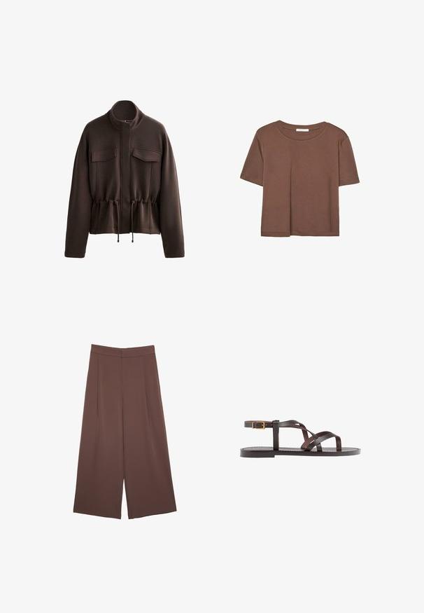 Brązowa krótka kurtka uszyta z miękkiego materiału, wyposażona w wysoki kołnierz, dwie przednie kieszenie, talię ze sznurkiem oraz gładką fakturę.; Brązowa koszulka z krótkim rękawem, wykonana z miękkiego materiału, z okrągłym dekoltem i luźnym krojem. Brak widocznych wzorów lub akcentów.; Brązowe spodnie o szerokich nogawkach z gładką fakturą, z wysokim stanem i plisami z przodu. Materiał jest lekki i luźno opada.; Brązowe skórzane sandały z krzyżującymi się paskami, zapięciem na klamrę przy kostce oraz płaską podeszwą z minimalnymi detalami szycia.