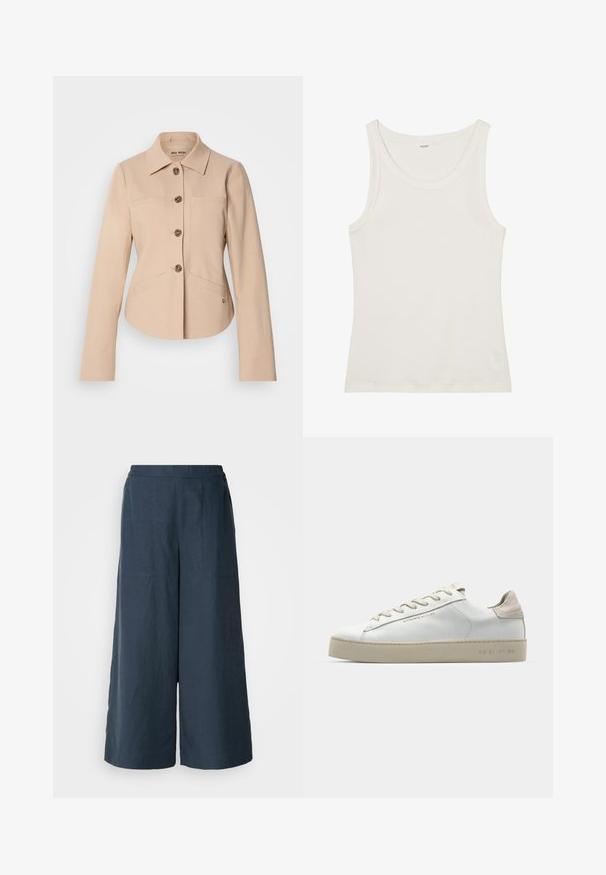 Hele beež jope, mis on valmistatud pehmest kangast, millel on krae kaelus, esine nupuvajutus, kaks rinna taskut ja jälgib keha vormi.; Valge puuvillane top, millel on lai kaelus ja õhukesed õlavarre rihmad. Sile tekstuur ilma nähtavate mustrite või kaunistusteta.; Kitsad laiad püksid tumesinisest kergest kangast. Omavad veidi tekstuurset pinda, elastset vööd ja esimesi õmblusi.; Valge nahast toss, millel on sile pind, beežist seemisnahast aktsendid, ümar nina, lame puuvillane pael ja tekstuuriga kummitald.