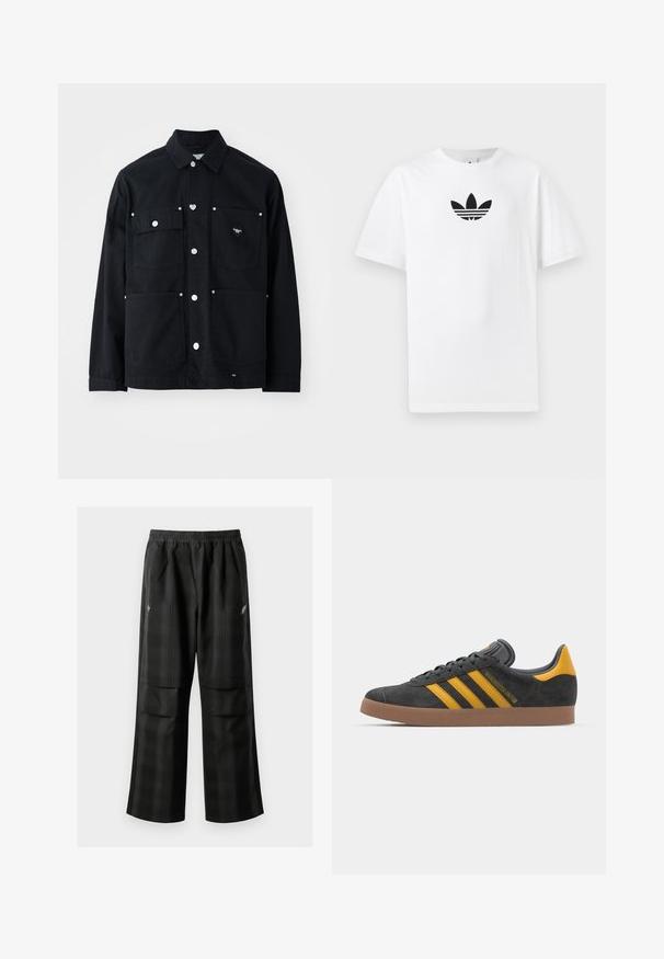 Black canvas jacket with two chest pockets and two lower pockets. Features silver snap buttons and a heart-shaped logo on the left pocket.; White cotton T-shirt featuring a black Adidas logo at the center. Short sleeves and a crew neck design. Smooth texture.; Black plaid pants featuring an elastic waistband, two front pockets, and a loose fit with a straight leg design. Made from lightweight material.; Black suede sneaker with yellow accents, featuring three stripes and a brown rubber sole. Includes a padded tongue for comfort.