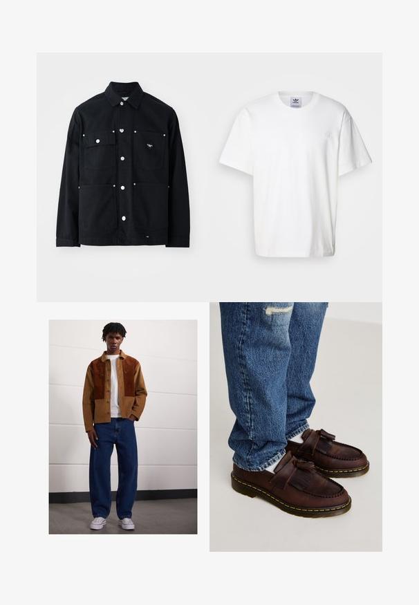Čierna plátenná bunda s dvoma náprsními vreckami a dvoma spodnými vreckami. Obsahuje strieborné cvoky a logo v tvare srdca na ľavom vrecku.; Biele bavlnené tričko s okrúhlym výstrihom a krátkymi rukávmi. Obsahuje malé vyšívané logo na hrudi. Jednoduchý a klasický dizajn.; Muž stojí vo vnútorných priestoroch, oblečený v hnedých kordových sako so sivými škvrnami, biele tričko, voľné modré džínsy a biele tenisky.; Hnedé kožené mokasíny s strapcami, s prešívaným dizajnom a žltou gumovou podrážkou. Kombinované s vyblednutými modrými džínsami.