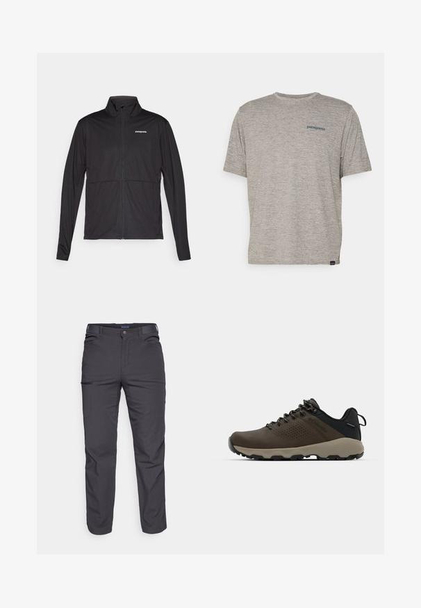Juodas Patagonia zip-up džemperis ilgomis rankovėmis ir aukštu apykakle, padėtas plokščiai ant baltos fono.; Pilkas trumpas rankovės marškinėliai, pagaminti iš minkštos, tekstūruotos medžiagos, ant kairiojo krūtinės puikuojasi mažas mėlynas Patagonia logotipas. Be papildomų raštų.; Tamsiai pilki kelnės, pagamintos iš patvarios medžiagos, su užtrauktuku užsegamu kišeniu, tiesiu kirpimu ir diržo kilpom pritaikytiems dydžiams.; Rudi nepralaidūs sportbačiai su tekstūruota viršutine dalimi, perforuotomis detalėmis, juodu kulno palaikymu ir pilku guminio padu. Šniūreliai yra dekoruoti metaliniais galais.