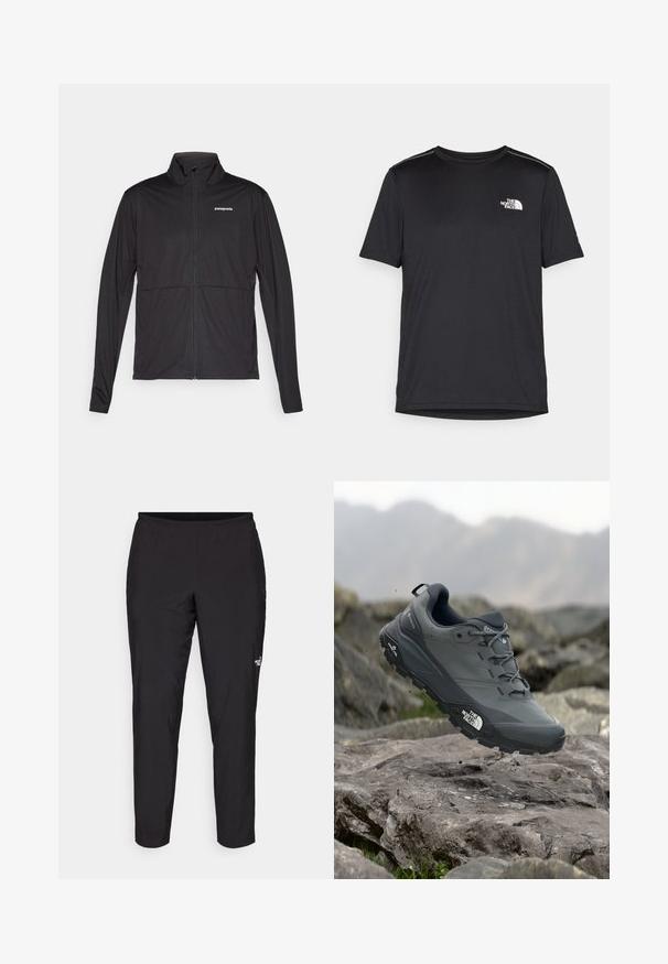 Black Patagonia zip-up jacket with long sleeves and high collar, displayed flat on a white background.; Black short-sleeve T-shirt made from lightweight fabric. Features a small white logo on the left chest and subtle shoulder accents.; Black athletic pants with an elastic waistband, tapered shape, smooth texture, and a small white logo on the lower leg.; Grey trail running shoe with a textured upper, durable rubber sole, and reinforced toe cap. Features laces and brand logo on the side.