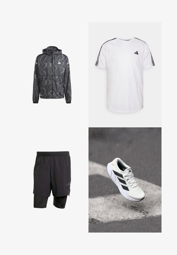 Giacca a vento nera con un motivo grigio ondulato, chiusura con zip frontale e cappuccio. Presenta dettagli riflettenti e polsini elastici per una vestibilità aderente.; T-shirt bianco in cotone con scollatura rotonda, maniche corte e accenti neri a tre strisce sulle spalle; presenta un piccolo logo nero.; Pantaloni sportivi neri con strato interno integrato, realizzati in tessuto traspirante. Presentano un logo discreto e una texture strutturata. Vita regolabile.; Scarpa sportiva bianca con tomaia in rete testurizzata, strisce nere, chiusura con lacci e suola ammortizzata, che levita sopra una superficie stradale segnata.