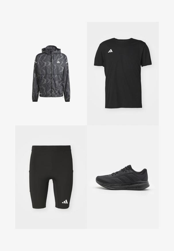Čierna vetrovka so vlnitým šedým vzorom, so zipsom na prednej strane a kapucňou. Obsahuje reflexné akcenty a elastické manžety pre tesné prispôsobenie.; Čierne atletické tričko z ľahkej tkaniny, s krátkymi rukávmi a okrúhlym výstrihom. Biele logo Adidas na hornej ľavej strane.; Čierne športové šortky s tesným strihom, vyrobené z elastického materiálu. Obsahujú tri vrecká a biele logo Adidas na dolnej časti nohavice.; Čierna atletická obuv s priedušným vrchom, gumovou podrážkou, textúrovaným dizajnom a tromi prúžkami na boku. Penené polstrovanie pre pohodlie.