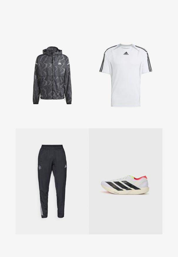 Zwarte windbreakerjas met een golvend grijs patroon, rits aan de voorkant en capuchon. Heeft reflecterende accenten en elastische manchetten voor een goede pasvorm.; Witte sportieve t-shirt met korte mouwen en zwarte Adidas drie-strepen accenten op de schouders, gemaakt van gladde, lichte stof.; Zwarte sportbroek met een elastische tailleband, geborduurd logo op de dij en witte strepen die langs de zijkanten lopen.; Witte hardloopschoen met zwarte strepen, neon groene accenten en een rode hak. Beschikt over een lichtgewicht ontwerp en een gestructureerde zool voor grip.