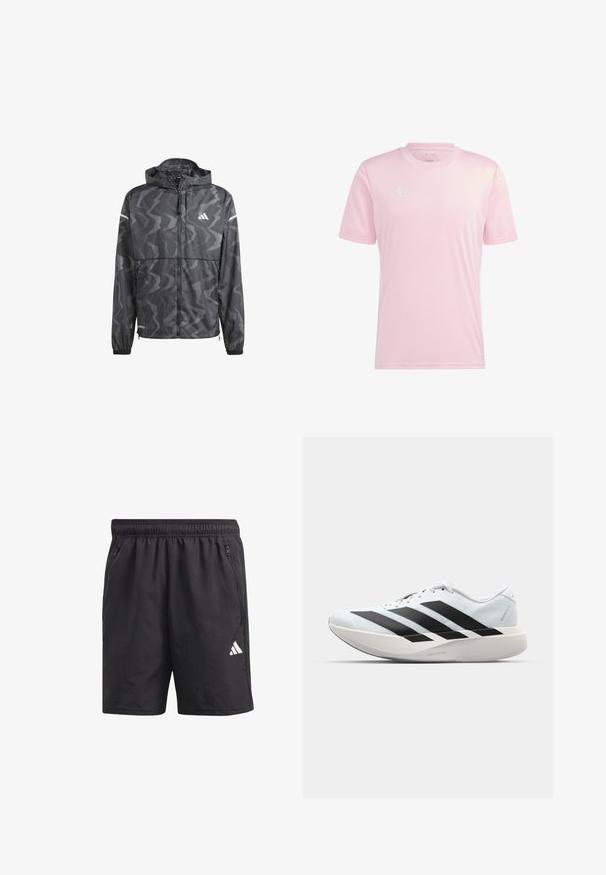 Black windbreaker jacket with a wavy gray pattern, zip front, and hood. Features reflective accents and elastic cuffs for a snug fit.; Light pink short-sleeve athletic t-shirt made of lightweight material. Features white Adidas logo and side accents. Smooth texture, round neck.; Black athletic shorts with an elastic waistband, side zip pockets, and a white logo on the left leg. Lightweight, smooth texture.; Lightweight running shoes in pale blue with black stripes. Features a smooth upper, round toe, and thick white midsole labeled "LIGHTSTRIKE PRO."